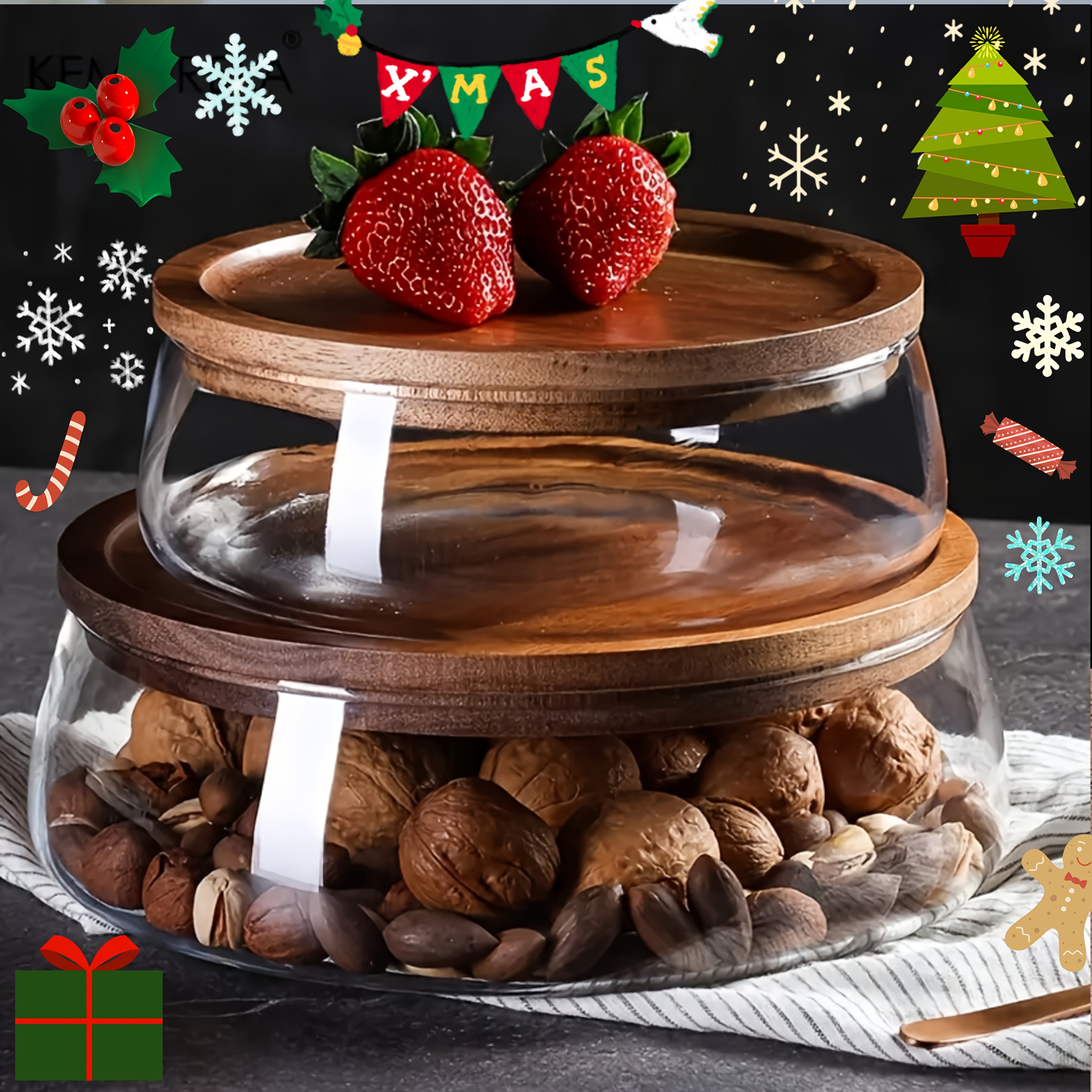 2pcs Or 1 Wooden Tray Glass Bowl, Nut Fruit Food Container Grain Jar, Modern Living Room Coffee Table Double Wooden Lid Candy Jar, Household Storage Box Storage Supplies, Kitchen Accessories, Halloween Gift, Christmas Supplies