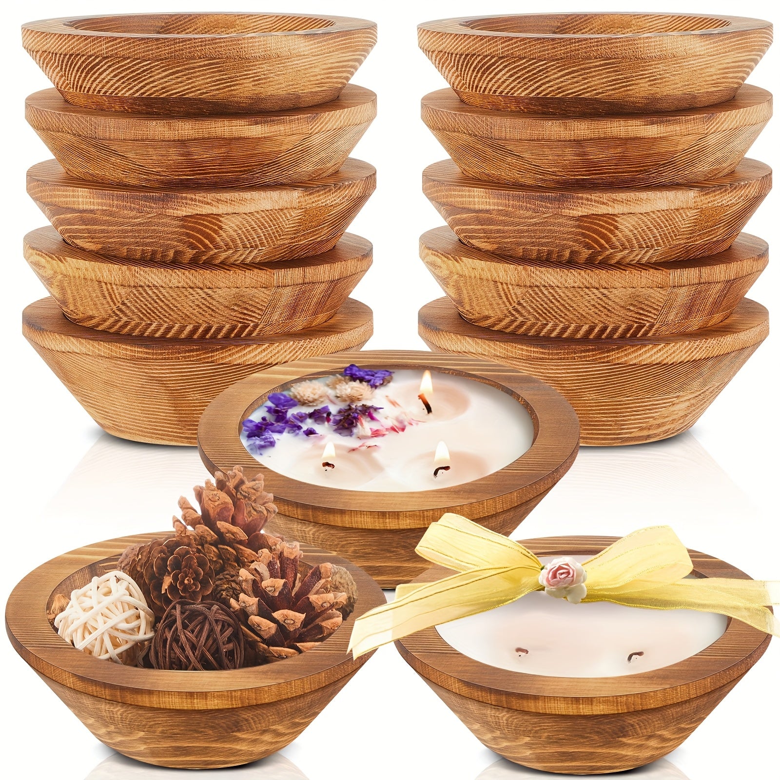 10pcs Wooden Dough Bowls For Candles Making Passover Vintage Round Hand Carved Wood Bowl Bulk For DIY Crafts Decoration Farmhouse Supplies Housewarming Gift (Wood)