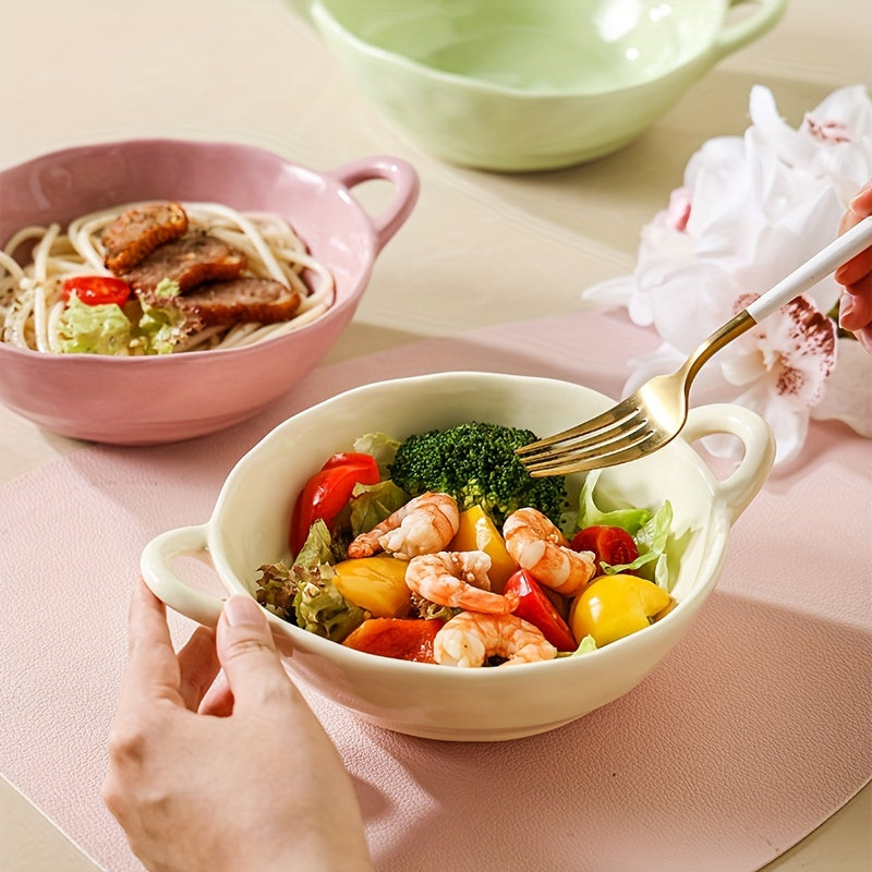 3pcsNoodle Bowl; Ceramic Bowl with Two Ears, Novel Bowl, Irregular Bowl; High Temperature Underglaze Color; Cream Wind Characteristics; Removable Microwave Oven