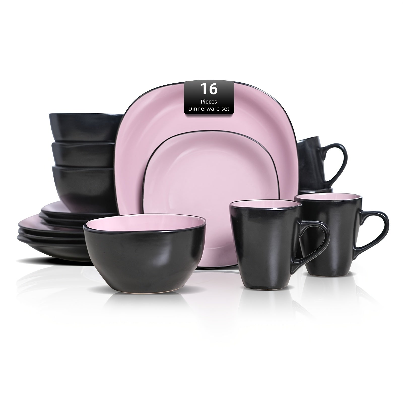 16pcs Square Ceramic Dinnerware Set | 4-Person Dinner Set with Dual-Tone Glaze, Dishwasher & Microwave Safe, Modern Square Plates & Bowls for Everyday Use