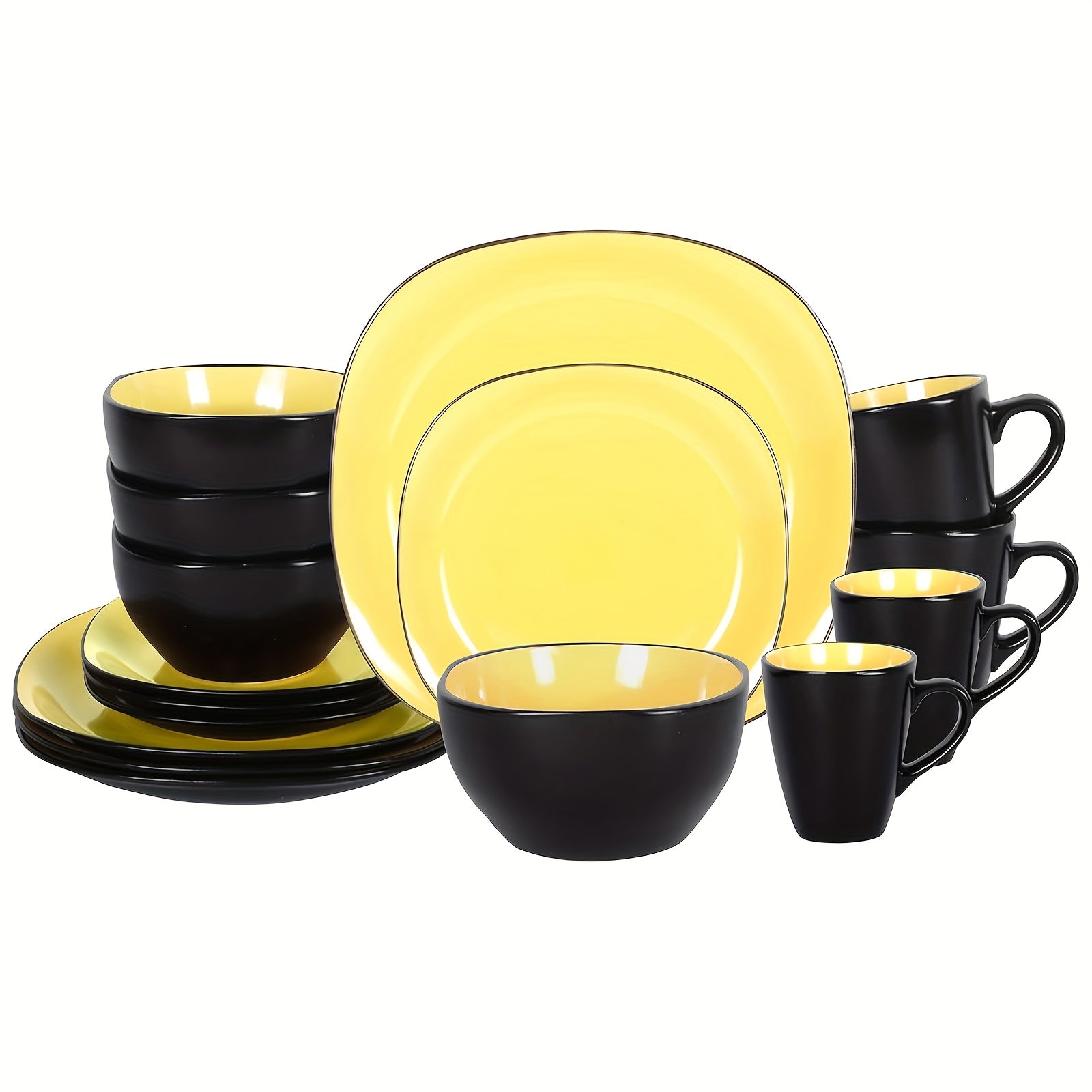 16pcs Square Ceramic Dinnerware Set | 4-Person Dinner Set with Dual-Tone Glaze, Dishwasher & Microwave Safe, Modern Square Plates & Bowls for Everyday Use