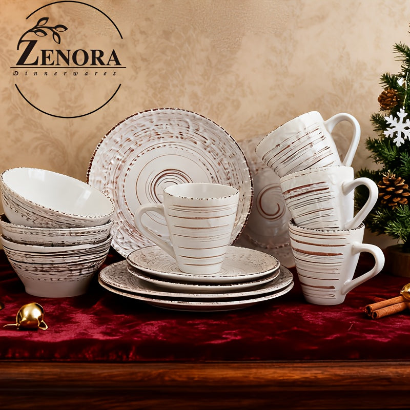 16pcs, Dinnerware Set Service For 4, White & Blue & Coffee Stoneware Set, Bowls Set, Dishes Set, Including Dinner Plates, Dessert Plates, Salad Bowls And Mugs, Chip & Scratch Resistant, Dishwasher & Microwave Safe, Christmas & Thanksgiving Day's Gift