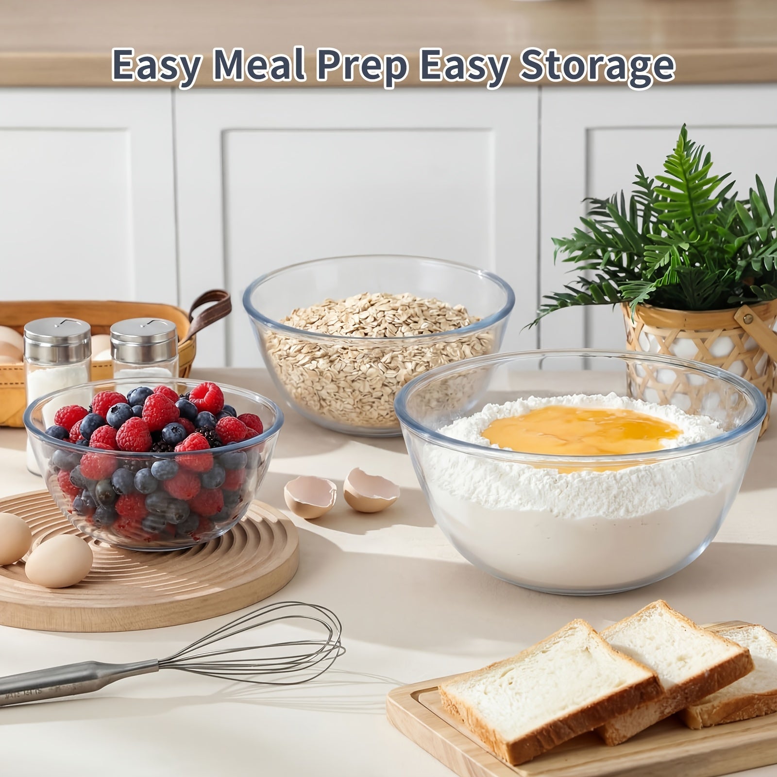 3pcs Glass Mixing Bowls Set | Large Salad Bowls with Lids (4.68 QT, 2.89 QT, 1.1 QT), Microwave, Oven, Dishwasher, and Freezer Safe - SENMEO