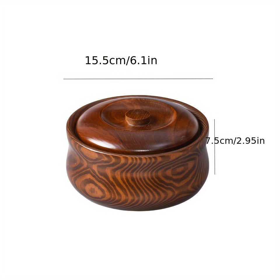 1pc-Handmade Solid Wood Bowl with Lid | Natural Serving Dish for Rice, Noodles & Soup, Ideal Kitchen & Dining Accessories for Home Use, Round Shape