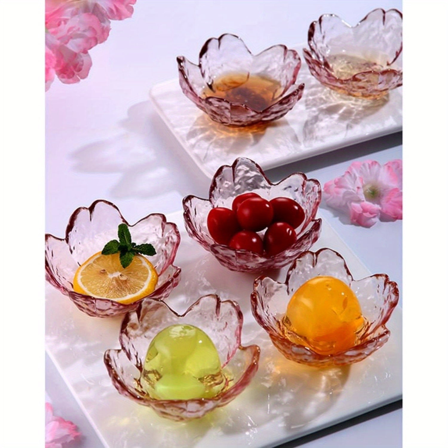 Seasoning bowls with Golden rim, Pink Cherry Flower Crystal Glass Appetizer Plates dipping bowls ice cream bowls Sushi, pink glass plates mini bowls for charcuterie board