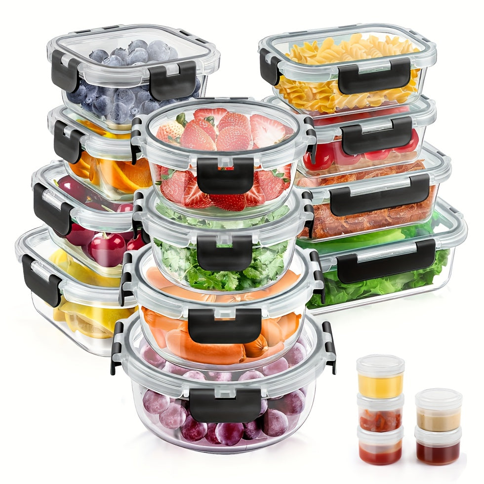 24pcs Glass Food Storage Container Set, 12pcs Bowl+12pcs with Leak Proof Lid, Comes with 5 Seasoning Distribution Bottles, Free Of Bisphenol A, Glass Lunch Box, Microwave And Refrigerator Preservation, Household Kitchen Supplies