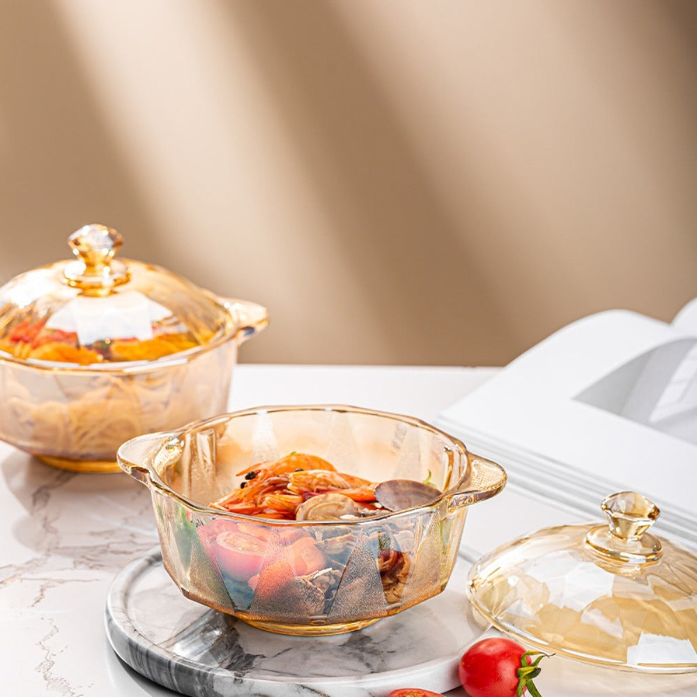 Amber Glass Soup Bowl with Diamond Pattern and Binaural Handle | Heat-resistant, Includes Lid, Ideal for Noodles, Salad, Snacks