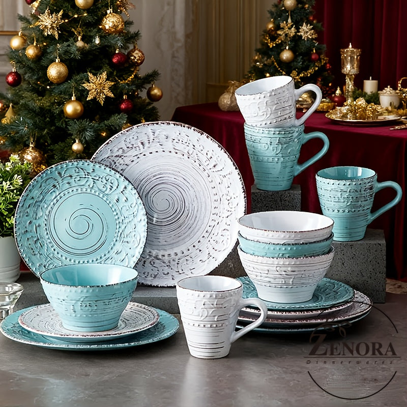 16pcs, Dinnerware Set Service For 4, White & Blue & Coffee Stoneware Set, Bowls Set, Dishes Set, Including Dinner Plates, Dessert Plates, Salad Bowls And Mugs, Chip & Scratch Resistant, Dishwasher & Microwave Safe, Christmas & Thanksgiving Day's Gift