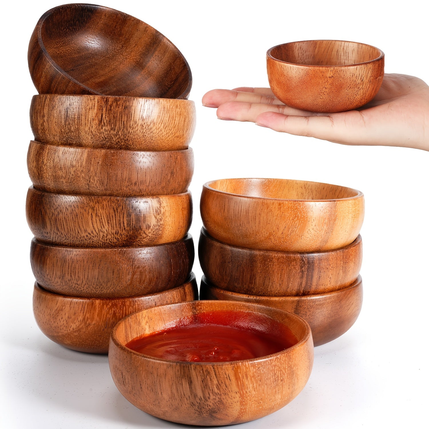 10pcs Acacia Wooden Bowls Small Calabash Bowls Round Wood Salad Bowl Hand Carved Calabash Dip Tray for Serving Popcorn Pasta Candy Cereal Coconut Nuts Sauce Appetizers Kitchen 3 Inch, Kitchen Accessories, Appetizer Plates, Natural Wood Design, Rustic