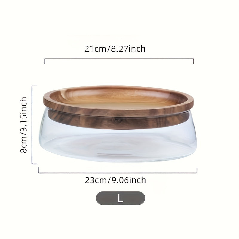 2pcs Or 1 Wooden Tray Glass Bowl, Nut Fruit Food Container Grain Jar, Modern Living Room Coffee Table Double Wooden Lid Candy Jar, Household Storage Box Storage Supplies, Kitchen Accessories, Halloween Gift, Christmas Supplies
