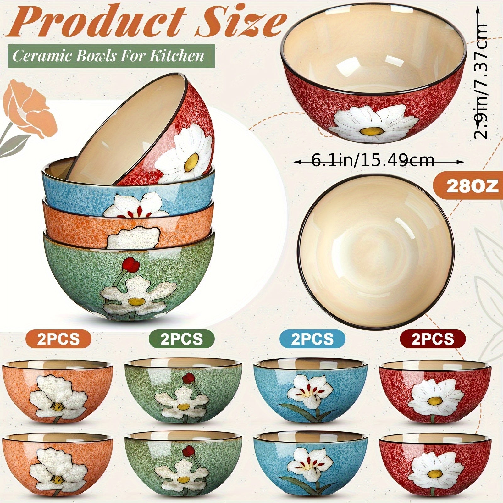 8pcs Pcs Ceramic Bowls for Kitchen - Oven, Microwave & Dishwasher Safe Soup Bowls Suitable for Cereal, Salad, Pasta, Ramen - Elegant Oval Bowls for Serving, Breakfast, Lunch, Dinner, Assorted Colors (Ideal for Meals)