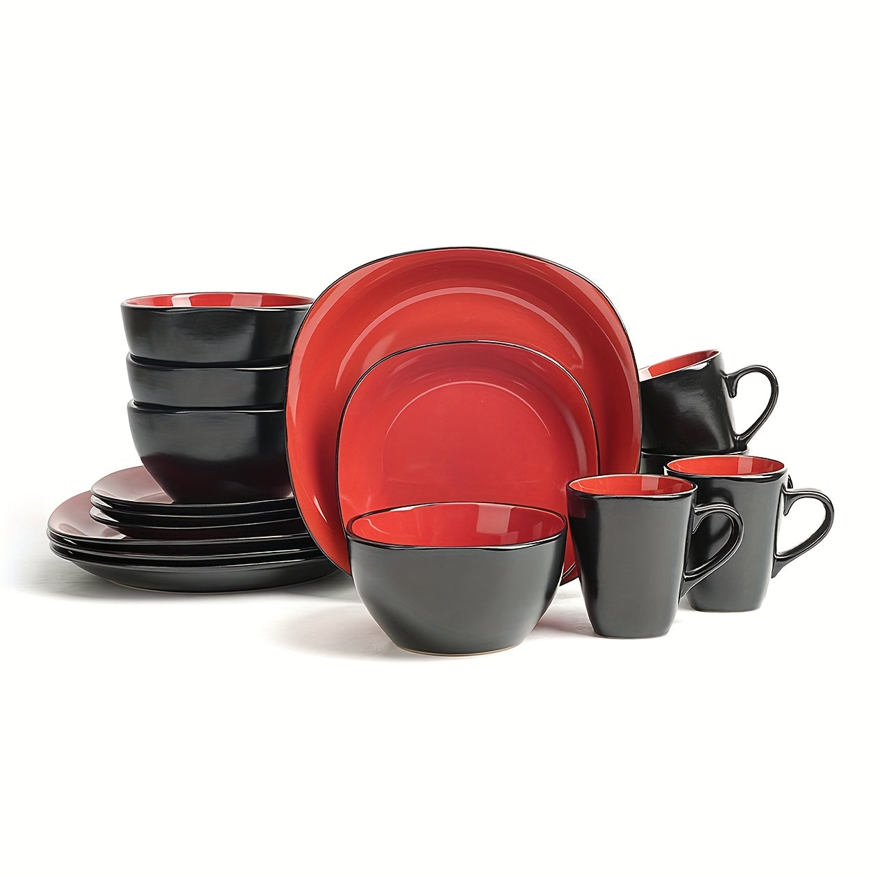 16pcs Square Ceramic Dinnerware Set | 4-Person Dinner Set with Dual-Tone Glaze, Dishwasher & Microwave Safe, Modern Square Plates & Bowls for Everyday Use
