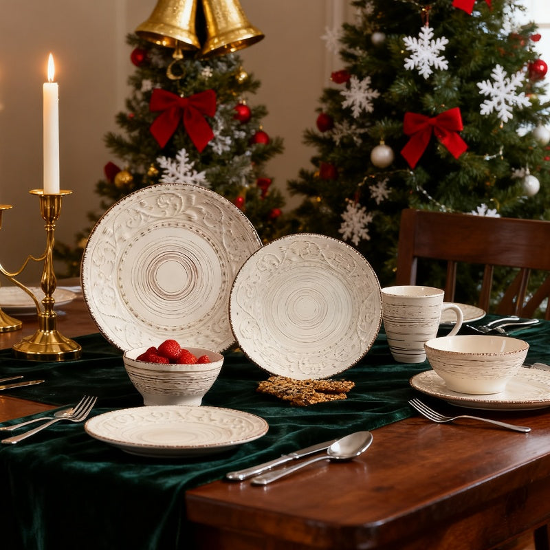 16pcs, Dinnerware Set Service For 4, White & Blue & Coffee Stoneware Set, Bowls Set, Dishes Set, Including Dinner Plates, Dessert Plates, Salad Bowls And Mugs, Chip & Scratch Resistant, Dishwasher & Microwave Safe, Christmas & Thanksgiving Day's Gift