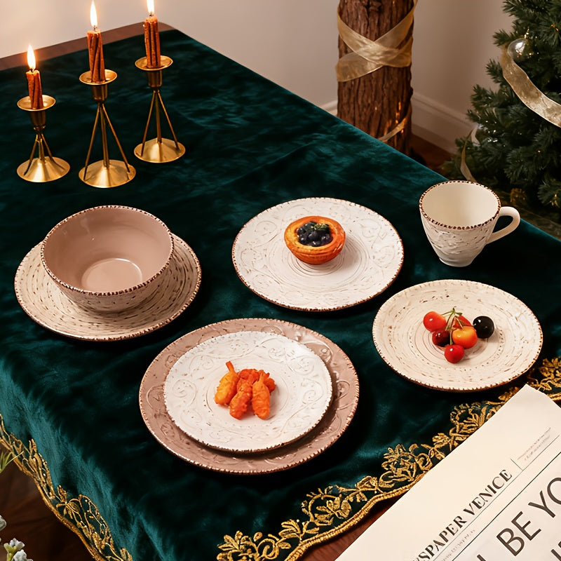 16pcs, Dinnerware Set Service For 4, White & Blue & Coffee Stoneware Set, Bowls Set, Dishes Set, Including Dinner Plates, Dessert Plates, Salad Bowls And Mugs, Chip & Scratch Resistant, Dishwasher & Microwave Safe, Christmas & Thanksgiving Day's Gift