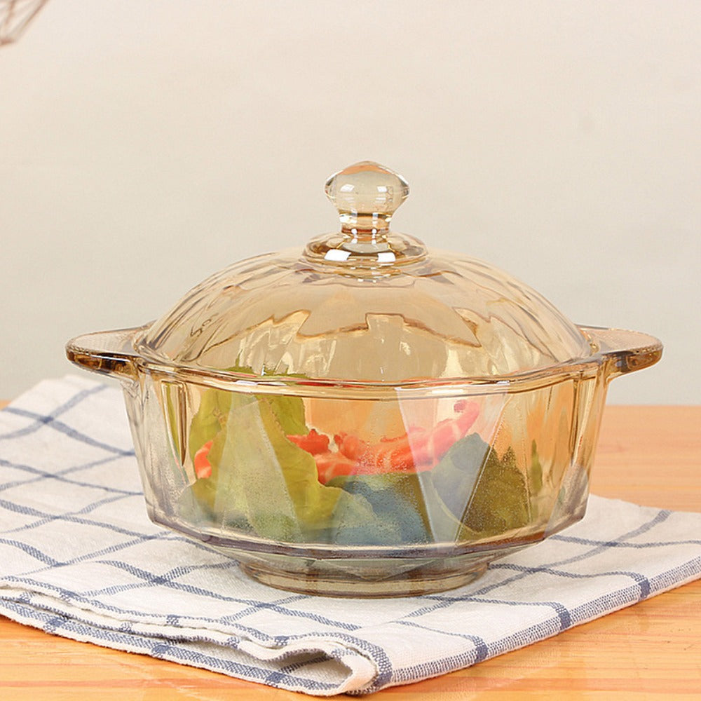 Amber Glass Soup Bowl with Diamond Pattern and Binaural Handle | Heat-resistant, Includes Lid, Ideal for Noodles, Salad, Snacks