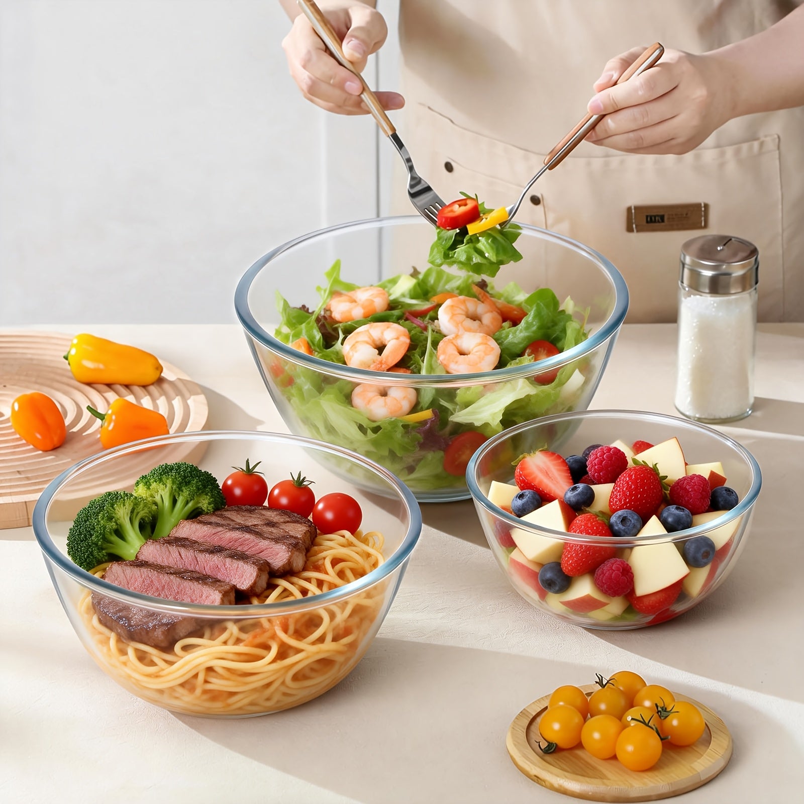 3pcs Glass Mixing Bowls Set | Large Salad Bowls with Lids (4.68 QT, 2.89 QT, 1.1 QT), Microwave, Oven, Dishwasher, and Freezer Safe - SENMEO