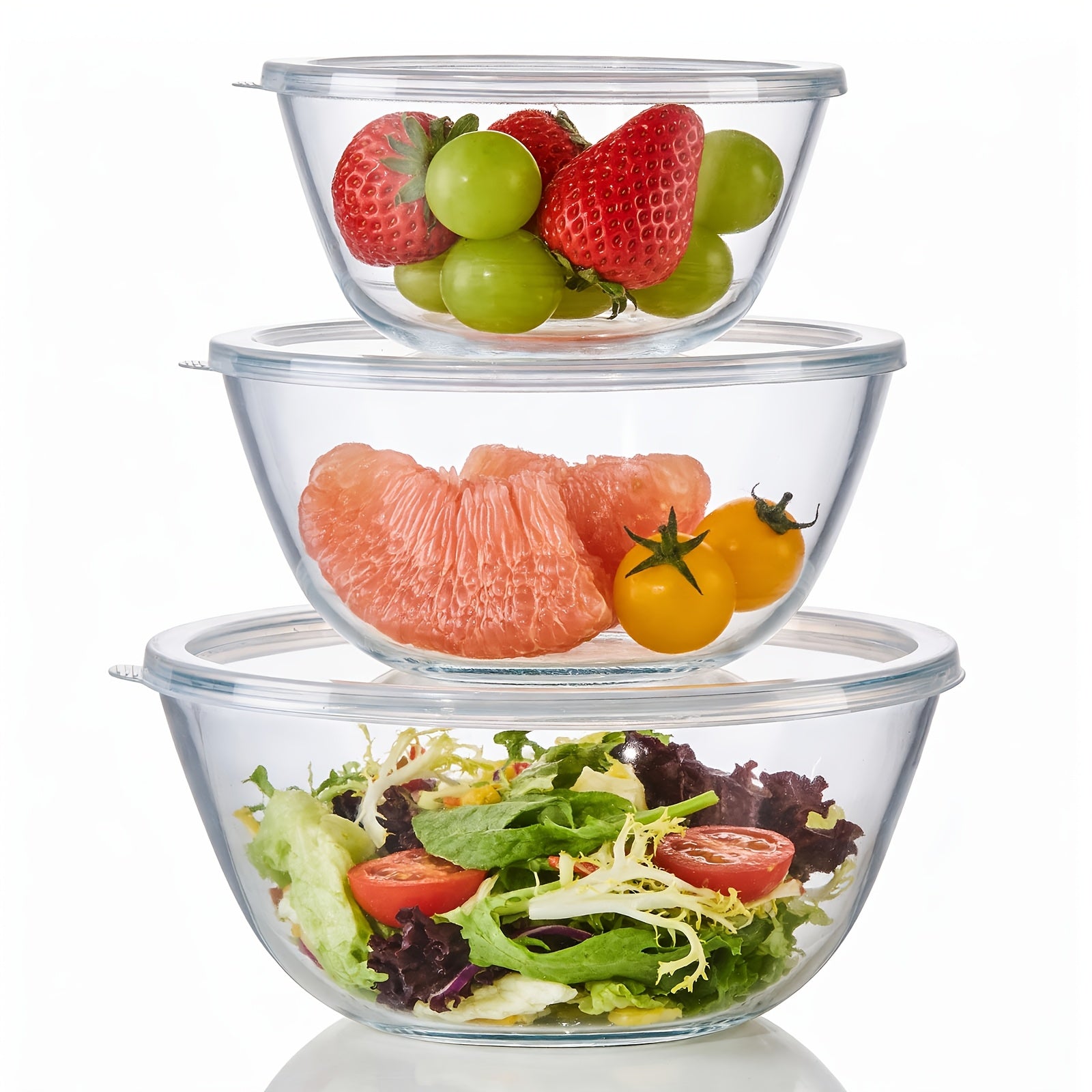 3pcs Glass Mixing Bowls Set | Large Salad Bowls with Lids (4.68 QT, 2.89 QT, 1.1 QT), Microwave, Oven, Dishwasher, and Freezer Safe - SENMEO