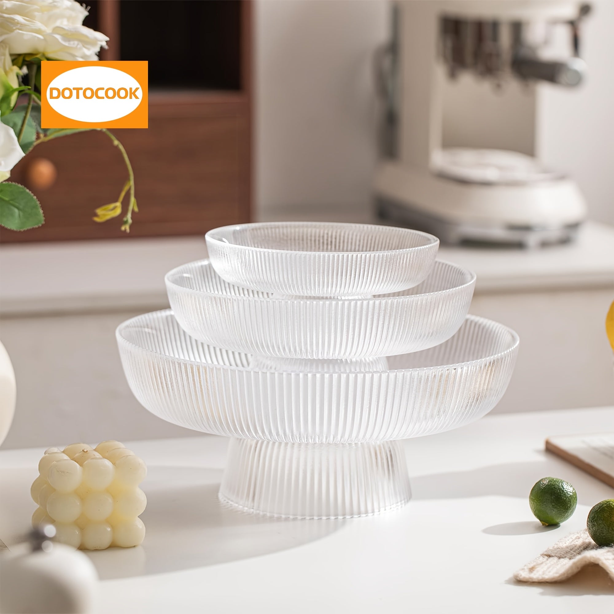 3pcs, Elegant Glass Fruit Bowl - Clear Ribbed Fluted Pedestal Bowl for Fruits, Salads, Desserts, and Snacks - Decorative Centerpiece for Dining Table, Kitchen, or Living Room Decoration