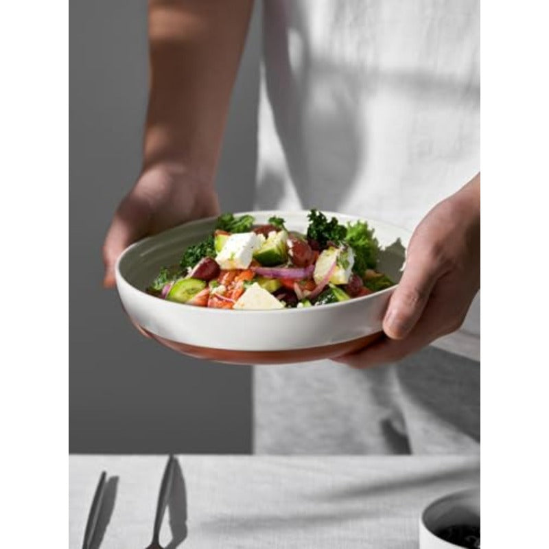 Set of 4 White Ceramic Pasta Bowls with Sesame Glaze Finish - Wide Shallow 30oz Dinner Plates\u002FBowls, New Bone China Microwave & Dishwasher Safe for Soup, Salad, Pasta - Elegant Housewarming Wedding Christmas Gift for Dining Table Settings