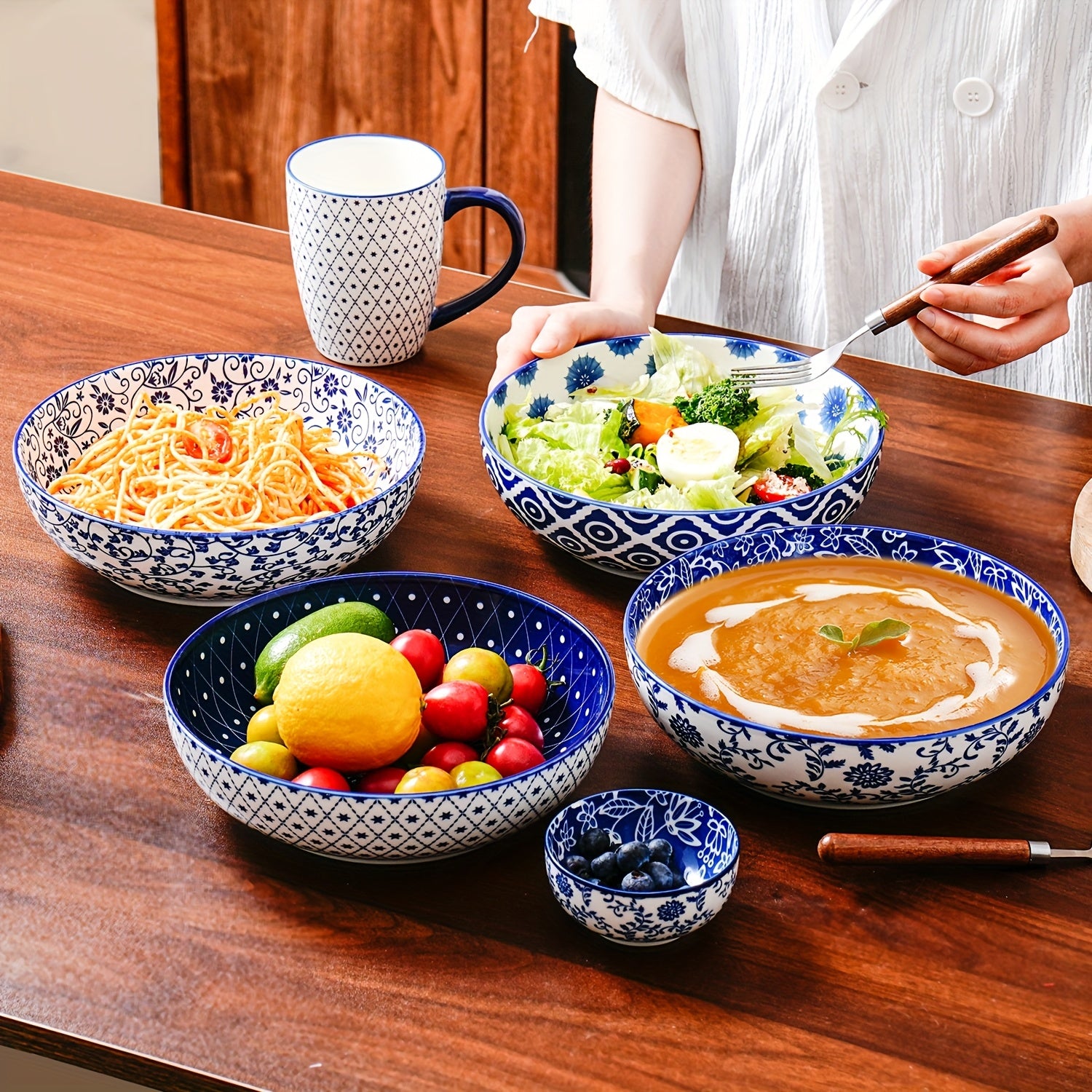 4pcs 45 Oz Ceramic Pasta Bowls, 8.5 Inch Large Salad And Serving Bowls For Soup, Dessert, Noodles, Dinner, And Fruit, Microwave Dishwasher Safe, Perfect For Christmas, Parties, Weddings, Housewarming, Vintage Blue