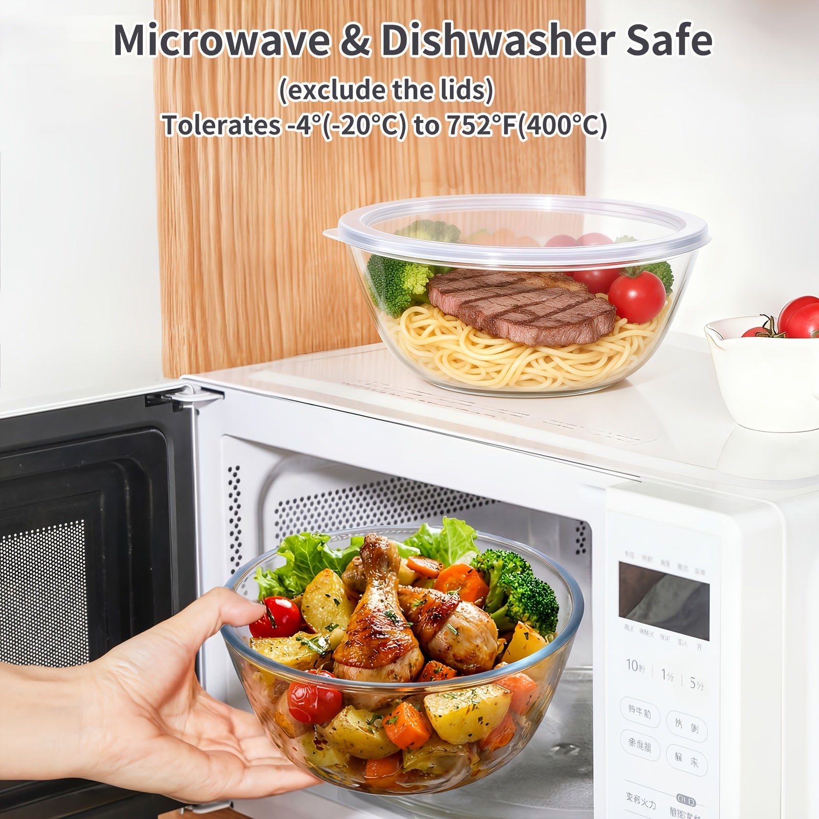 3pcs Glass Mixing Bowls Set | Large Salad Bowls with Lids (4.68 QT, 2.89 QT, 1.1 QT), Microwave, Oven, Dishwasher, and Freezer Safe - SENMEO