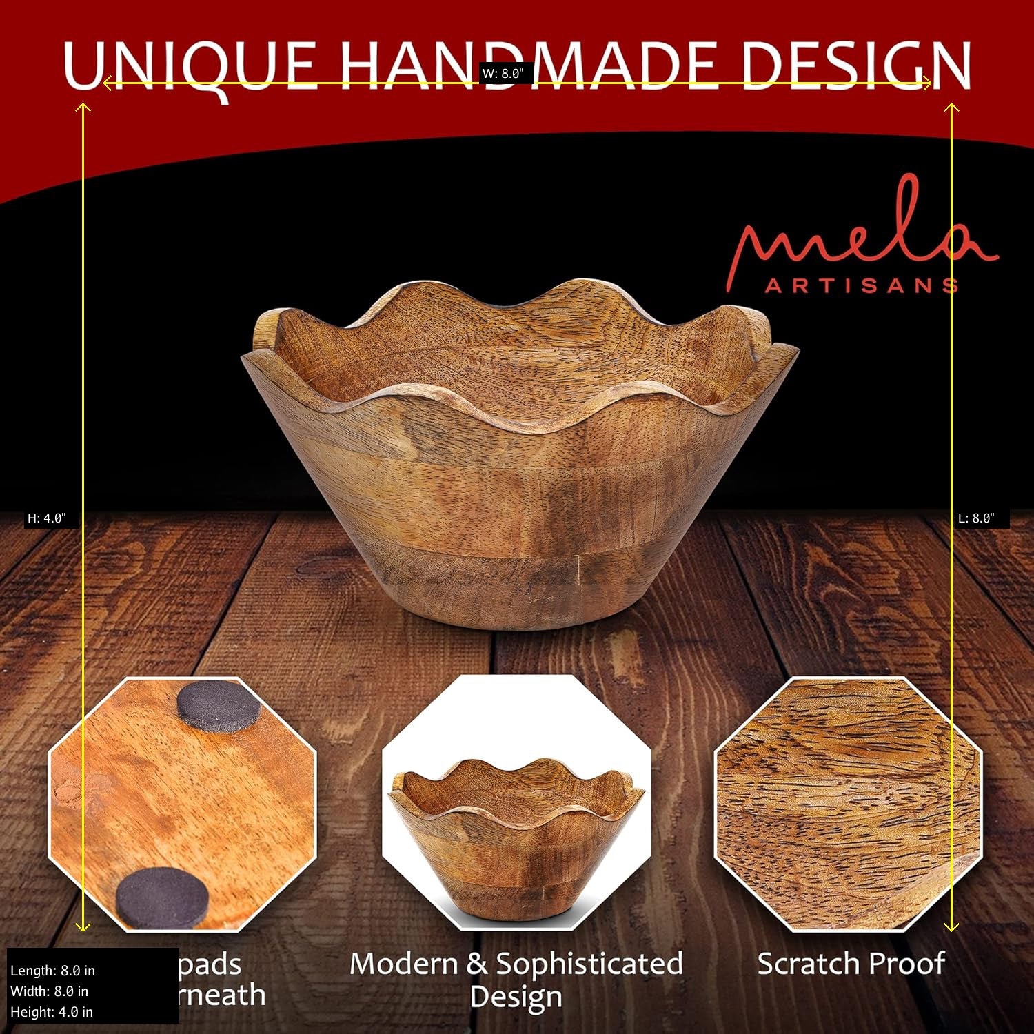 Mango Wood Scalloped Bowl, 12 Inch Decorative Fruit & Serving Bowl, Natural Grain Finish, Handcrafted Home Decor