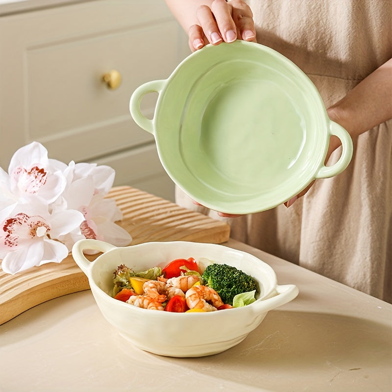 3pcsNoodle Bowl; Ceramic Bowl with Two Ears, Novel Bowl, Irregular Bowl; High Temperature Underglaze Color; Cream Wind Characteristics; Removable Microwave Oven