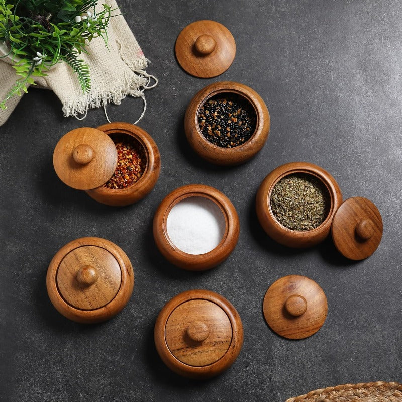 Acacia wood Set of 4 bowls with lid 3. 5X2 inches 3oz Rustic looking wood salt containers can also be used as spice box storage for condiments sugar tea celtic salt or nuts