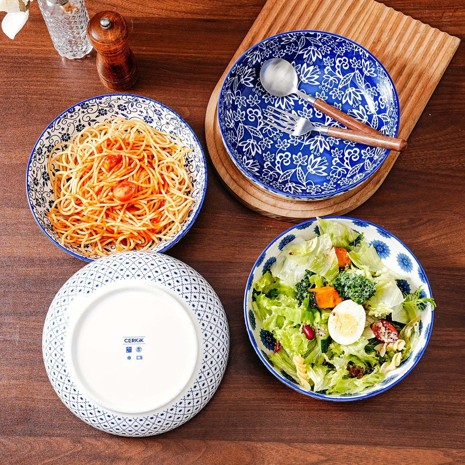 4pcs 45 Oz Ceramic Pasta Bowls, 8.5 Inch Large Salad And Serving Bowls For Soup, Dessert, Noodles, Dinner, And Fruit, Microwave Dishwasher Safe, Perfect For Christmas, Parties, Weddings, Housewarming, Vintage Blue