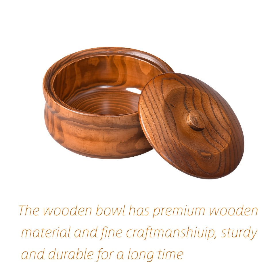 1pc-Handmade Solid Wood Bowl with Lid | Natural Serving Dish for Rice, Noodles & Soup, Ideal Kitchen & Dining Accessories for Home Use, Round Shape