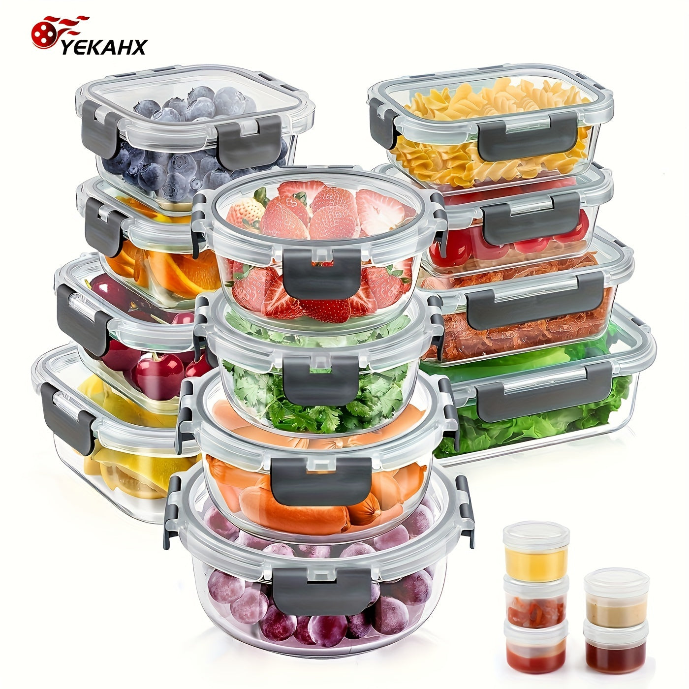 24pcs Glass Food Storage Container Set, 12pcs Bowl+12pcs with Leak Proof Lid, Comes with 5 Seasoning Distribution Bottles, Free Of Bisphenol A, Glass Lunch Box, Microwave And Refrigerator Preservation, Household Kitchen Supplies