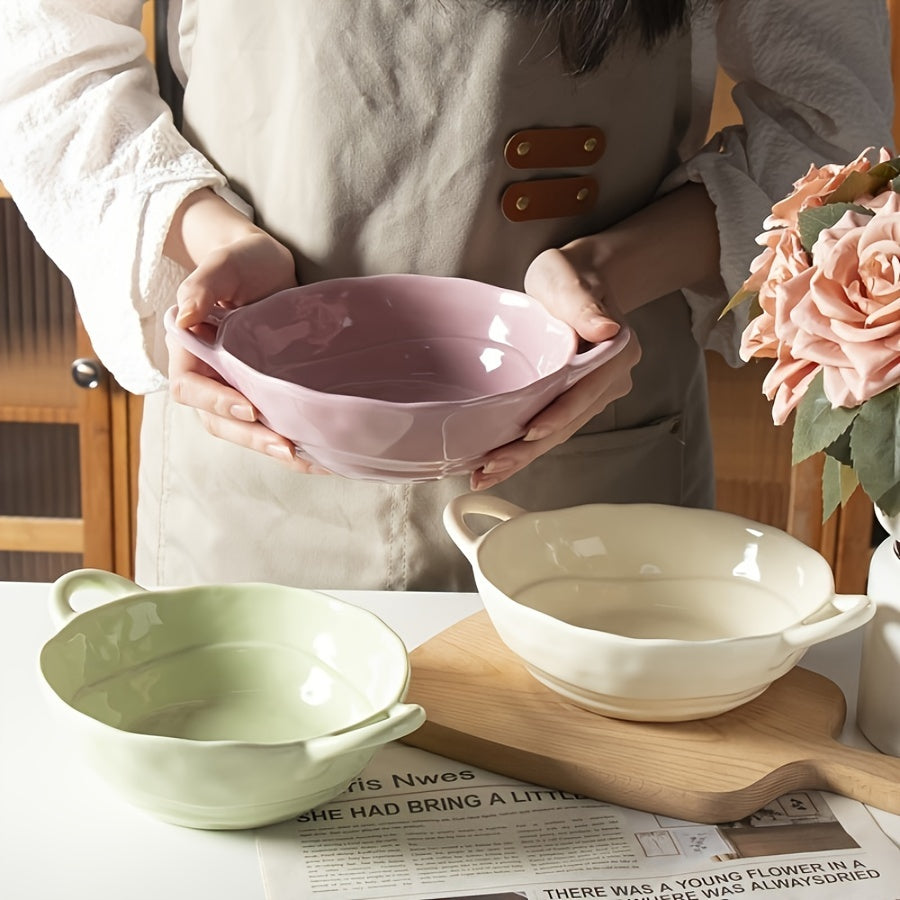 3pcsNoodle Bowl; Ceramic Bowl with Two Ears, Novel Bowl, Irregular Bowl; High Temperature Underglaze Color; Cream Wind Characteristics; Removable Microwave Oven