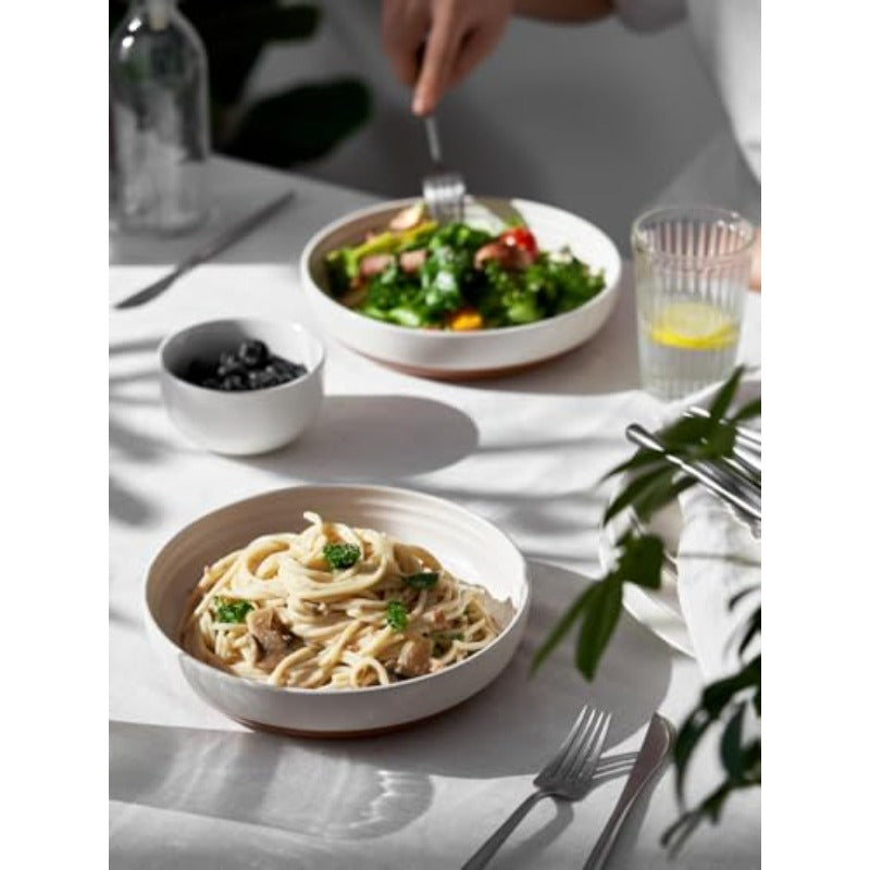 Set of 4 White Ceramic Pasta Bowls with Sesame Glaze Finish - Wide Shallow 30oz Dinner Plates\u002FBowls, New Bone China Microwave & Dishwasher Safe for Soup, Salad, Pasta - Elegant Housewarming Wedding Christmas Gift for Dining Table Settings