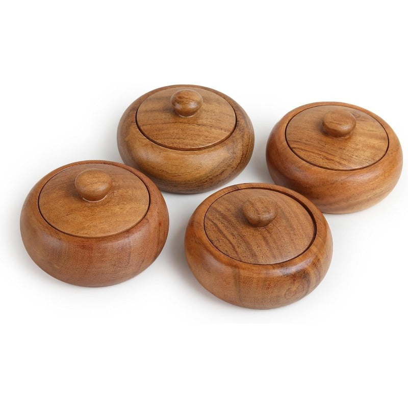 Acacia wood Set of 4 bowls with lid 3. 5X2 inches 3oz Rustic looking wood salt containers can also be used as spice box storage for condiments sugar tea celtic salt or nuts