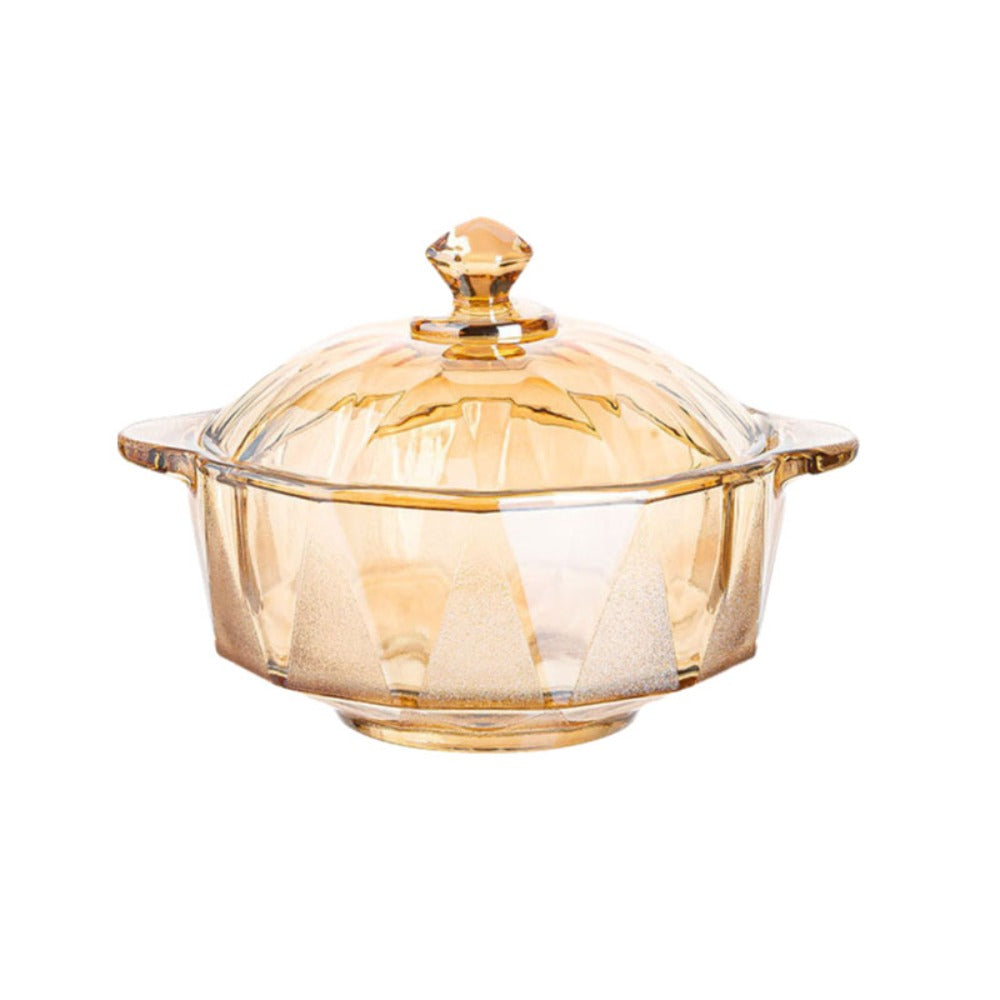 Amber Glass Soup Bowl with Diamond Pattern and Binaural Handle | Heat-resistant, Includes Lid, Ideal for Noodles, Salad, Snacks