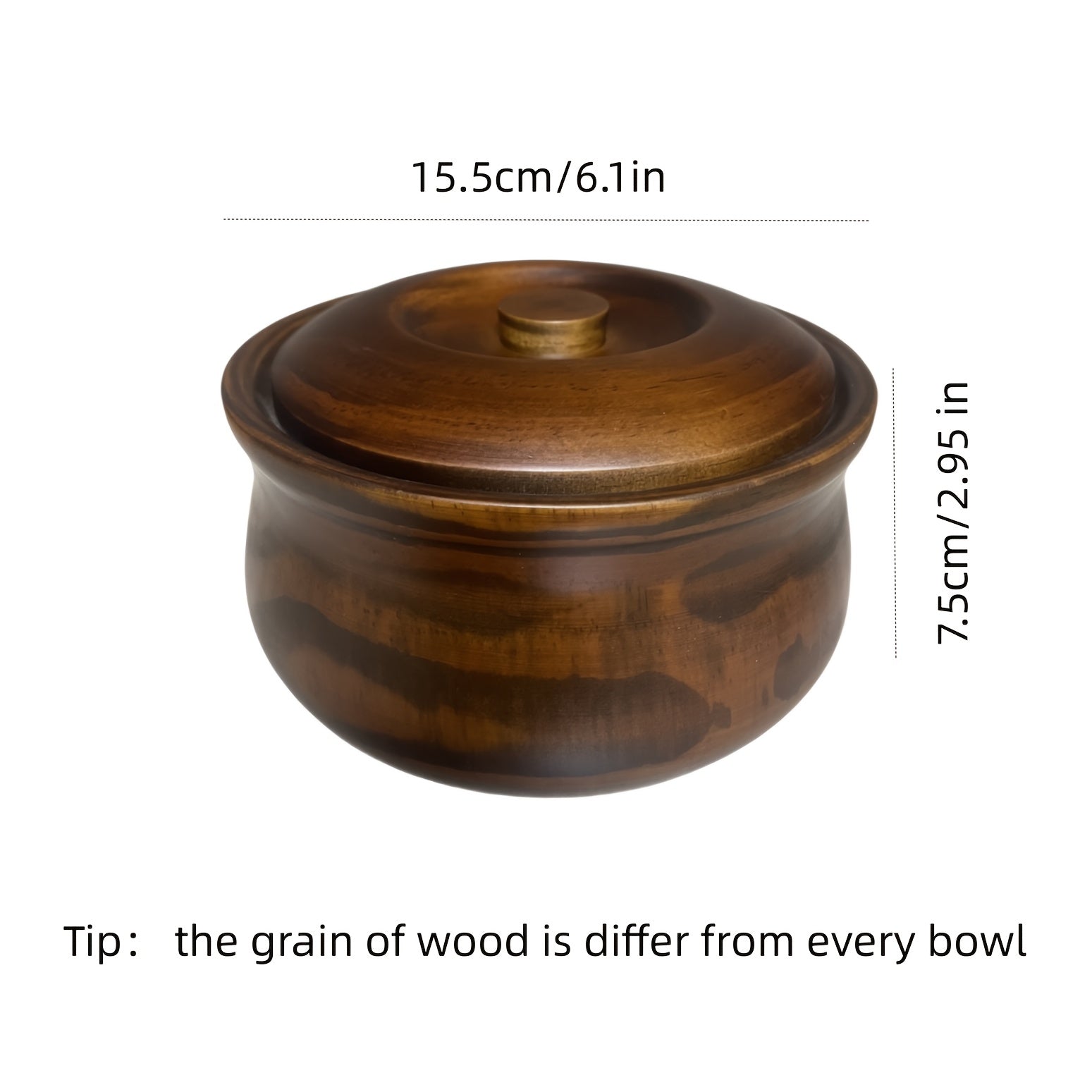 1pc-Handmade Solid Wood Bowl with Lid | Natural Serving Dish for Rice, Noodles & Soup, Ideal Kitchen & Dining Accessories for Home Use, Round Shape