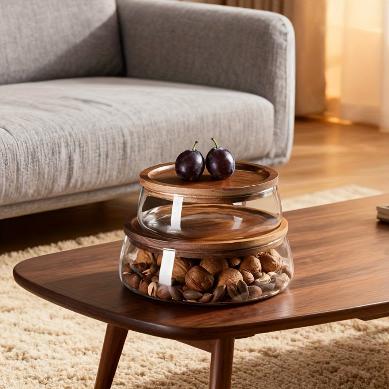 2pcs Or 1 Wooden Tray Glass Bowl, Nut Fruit Food Container Grain Jar, Modern Living Room Coffee Table Double Wooden Lid Candy Jar, Household Storage Box Storage Supplies, Kitchen Accessories, Halloween Gift, Christmas Supplies