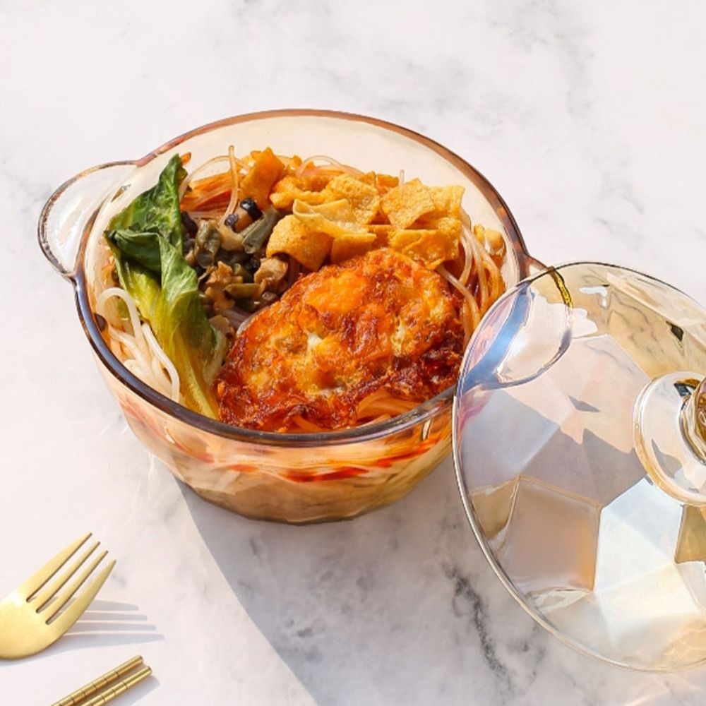 Amber Glass Soup Bowl with Diamond Pattern and Binaural Handle | Heat-resistant, Includes Lid, Ideal for Noodles, Salad, Snacks