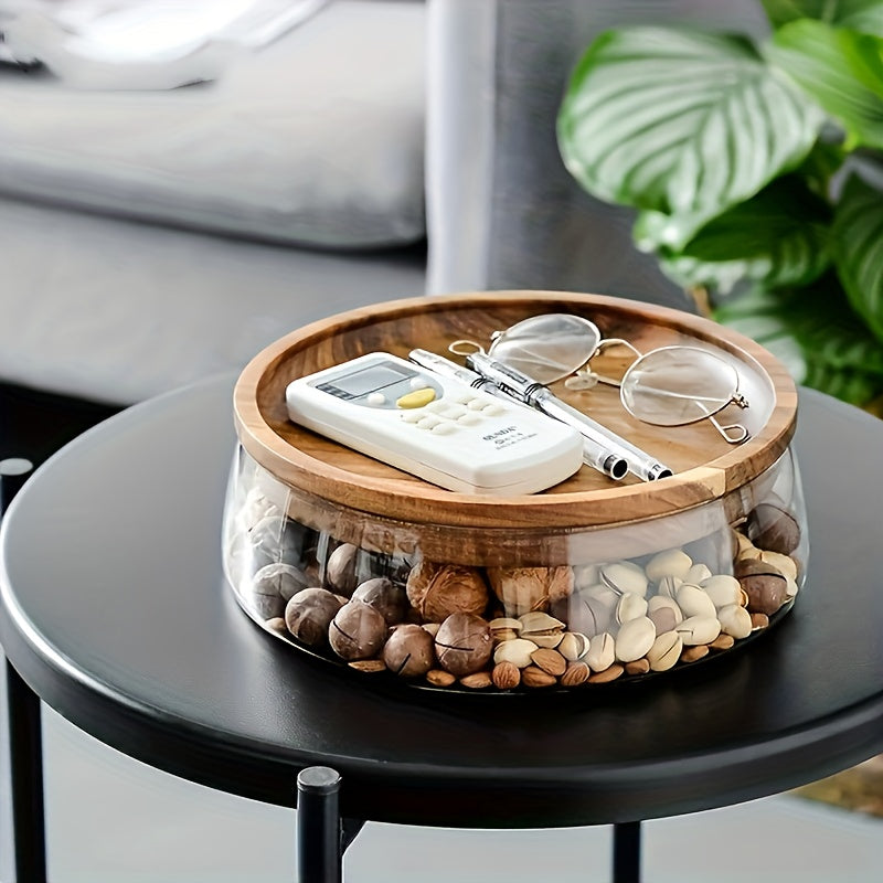 2pcs Or 1 Wooden Tray Glass Bowl, Nut Fruit Food Container Grain Jar, Modern Living Room Coffee Table Double Wooden Lid Candy Jar, Household Storage Box Storage Supplies, Kitchen Accessories, Halloween Gift, Christmas Supplies