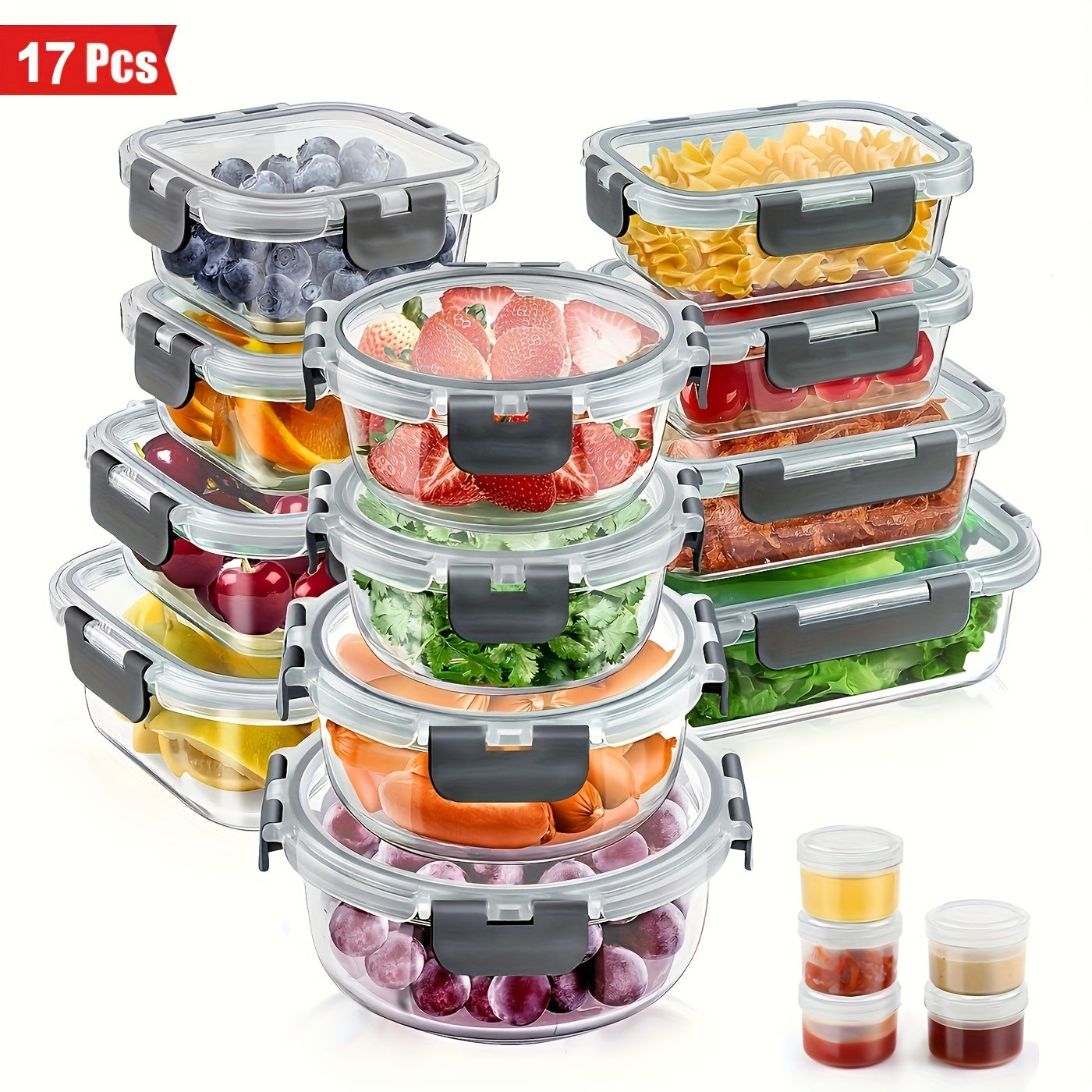 24pcs Glass Food Storage Container Set, 12pcs Bowl+12pcs with Leak Proof Lid, Comes with 5 Seasoning Distribution Bottles, Free Of Bisphenol A, Glass Lunch Box, Microwave And Refrigerator Preservation, Household Kitchen Supplies