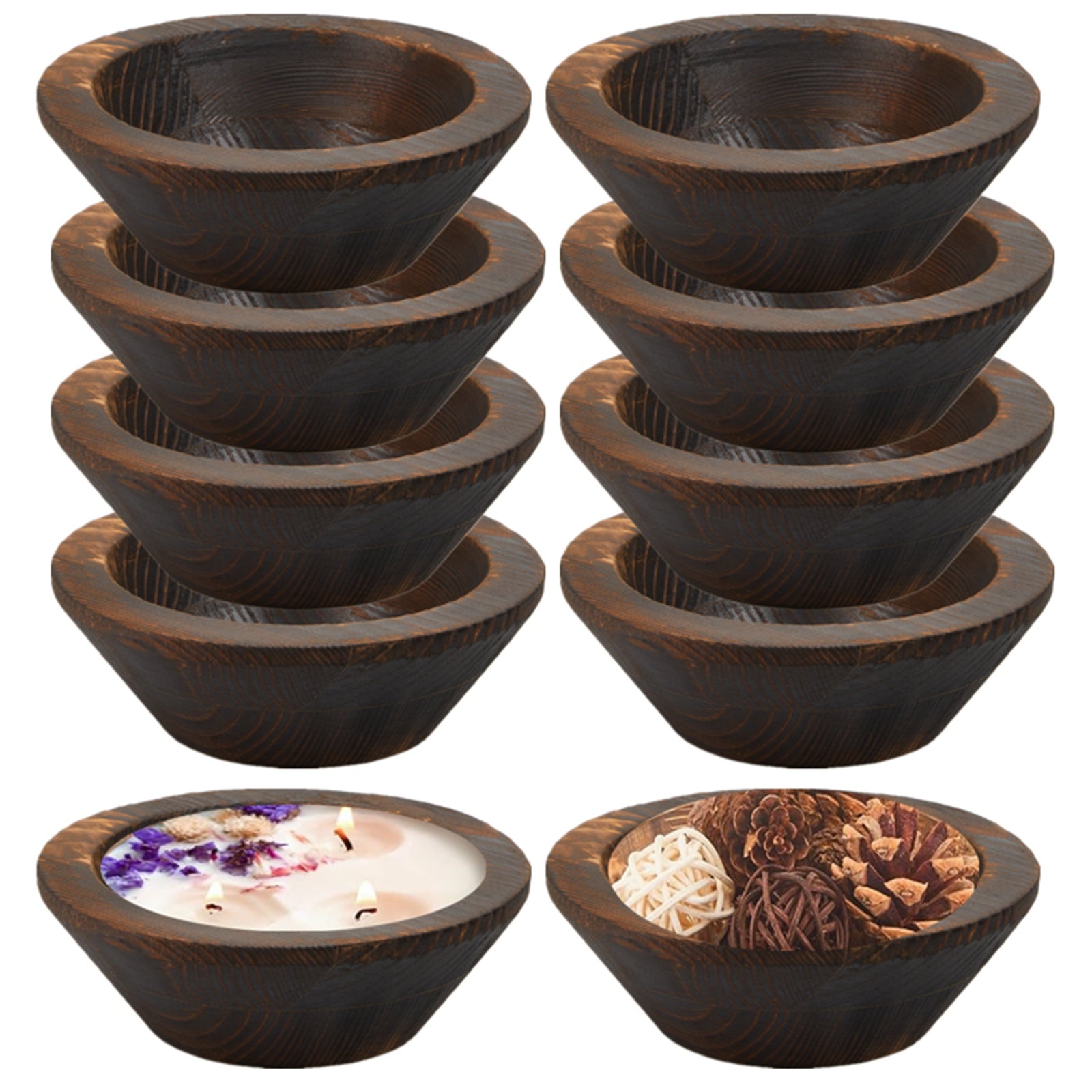 10pcs Wooden Dough Bowls For Candles Making Passover Vintage Round Hand Carved Wooden Bowl Bulk For Crafts Decoration Farmhouse Supplies Housewarming Gift (Dark Brown) (Non-Food Contact)
