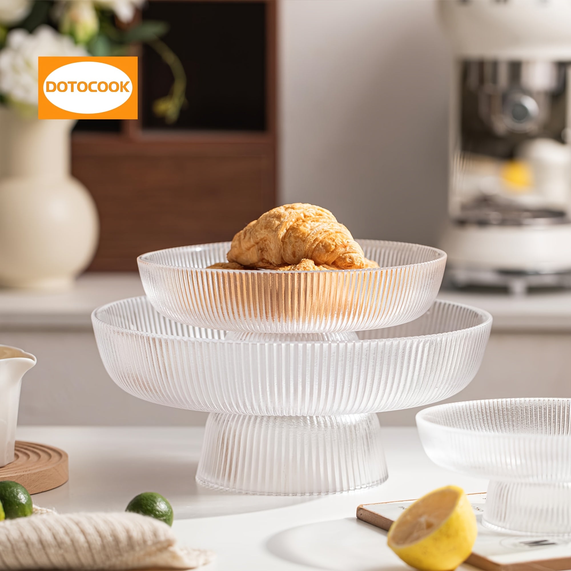 3pcs, Elegant Glass Fruit Bowl - Clear Ribbed Fluted Pedestal Bowl for Fruits, Salads, Desserts, and Snacks - Decorative Centerpiece for Dining Table, Kitchen, or Living Room Decoration