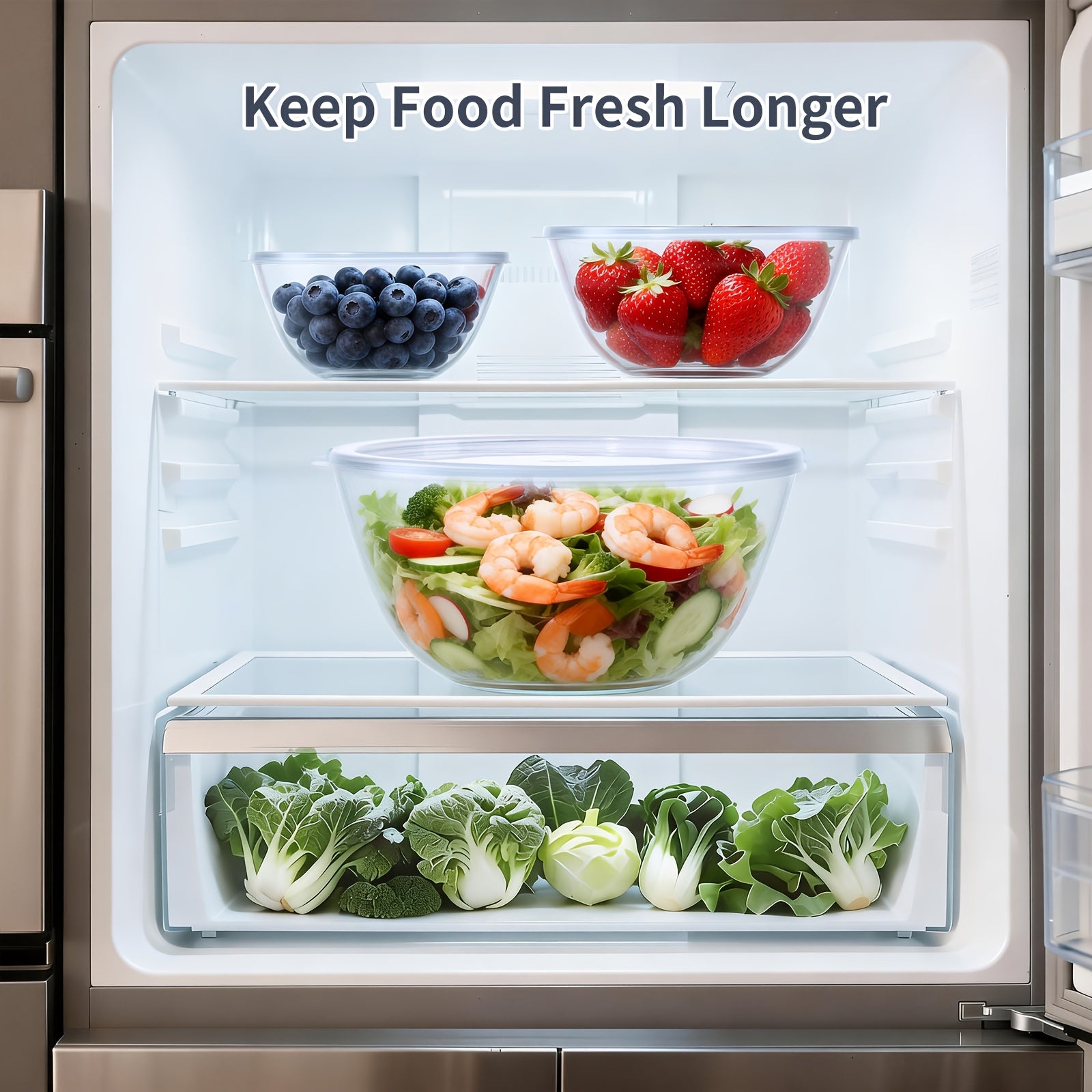 3pcs Glass Mixing Bowls Set | Large Salad Bowls with Lids (4.68 QT, 2.89 QT, 1.1 QT), Microwave, Oven, Dishwasher, and Freezer Safe - SENMEO