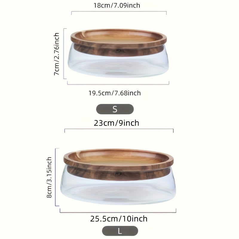 2pcs Or 1 Wooden Tray Glass Bowl, Nut Fruit Food Container Grain Jar, Modern Living Room Coffee Table Double Wooden Lid Candy Jar, Household Storage Box Storage Supplies, Kitchen Accessories, Halloween Gift, Christmas Supplies