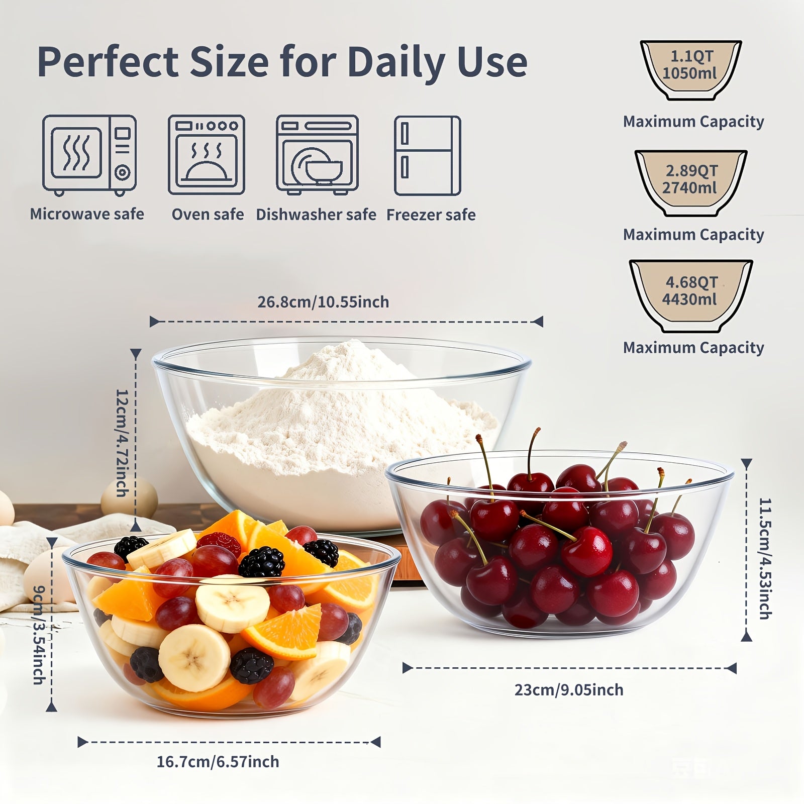 3pcs Glass Mixing Bowls Set | Large Salad Bowls with Lids (4.68 QT, 2.89 QT, 1.1 QT), Microwave, Oven, Dishwasher, and Freezer Safe - SENMEO