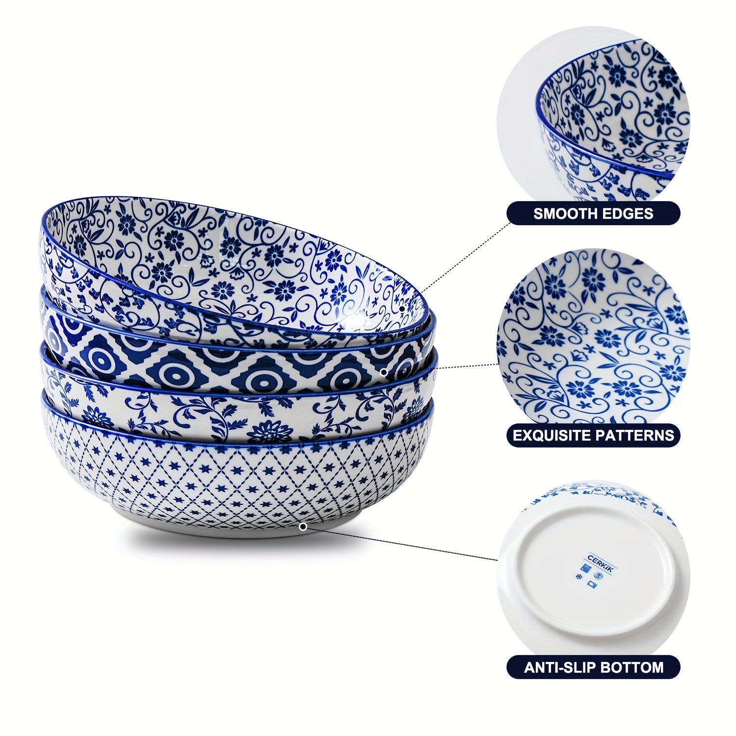 4pcs 45 Oz Ceramic Pasta Bowls, 8.5 Inch Large Salad And Serving Bowls For Soup, Dessert, Noodles, Dinner, And Fruit, Microwave Dishwasher Safe, Perfect For Christmas, Parties, Weddings, Housewarming, Vintage Blue