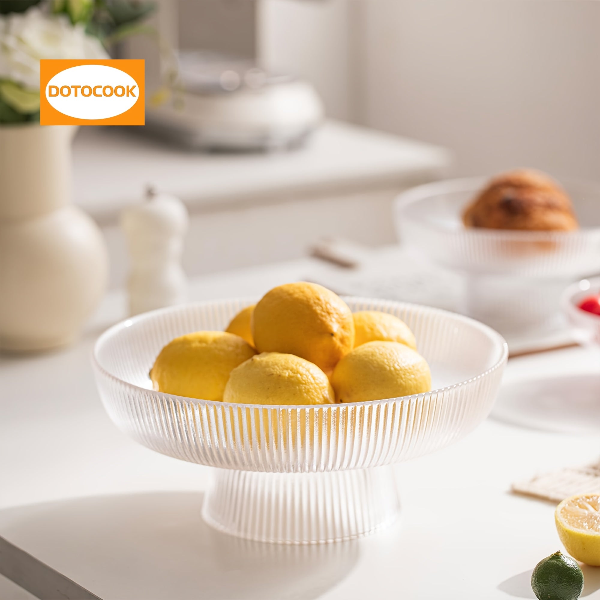 3pcs, Elegant Glass Fruit Bowl - Clear Ribbed Fluted Pedestal Bowl for Fruits, Salads, Desserts, and Snacks - Decorative Centerpiece for Dining Table, Kitchen, or Living Room Decoration