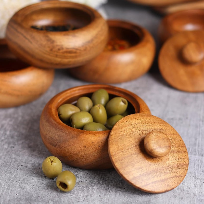 Acacia wood Set of 4 bowls with lid 3. 5X2 inches 3oz Rustic looking wood salt containers can also be used as spice box storage for condiments sugar tea celtic salt or nuts