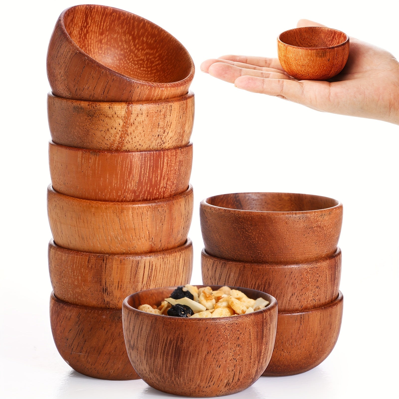10pcs Acacia Wooden Bowls Small Calabash Bowls Round Wood Salad Bowl Hand Carved Calabash Dip Tray for Serving Popcorn Pasta Candy Cereal Coconut Nuts Sauce Appetizers Kitchen 3 Inch, Kitchen Accessories, Appetizer Plates, Natural Wood Design, Rustic