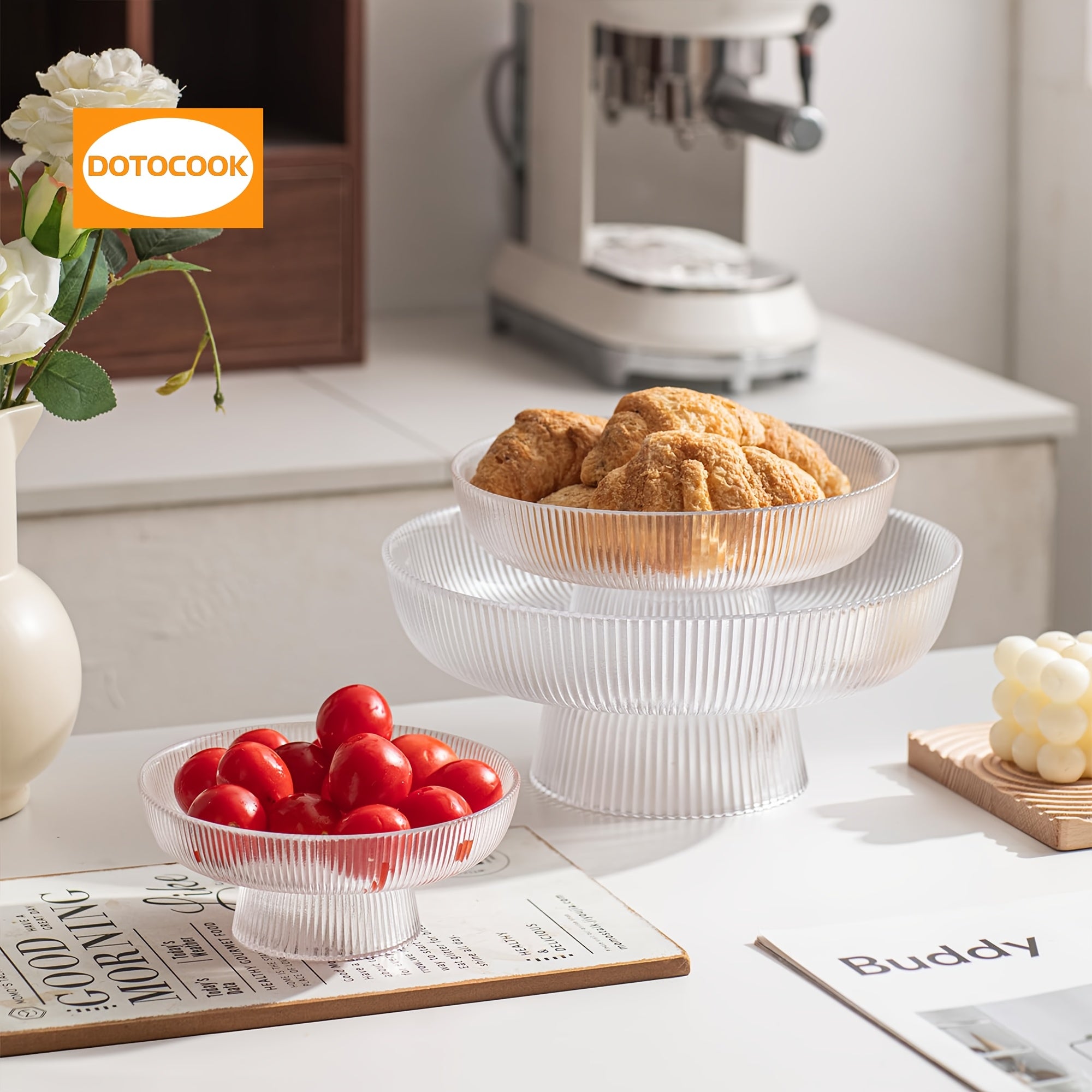 3pcs, Elegant Glass Fruit Bowl - Clear Ribbed Fluted Pedestal Bowl for Fruits, Salads, Desserts, and Snacks - Decorative Centerpiece for Dining Table, Kitchen, or Living Room Decoration